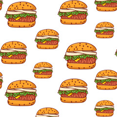 seamless pattern with burgers on a transparent background. Vector background with hamburgers for cafe and restaurant