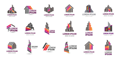 Vector set of real estate logos, building constructions, towers, city scapes icons, house structure signs