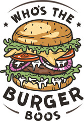 Retro burger with meat, cheese and vegetable for logo or emblem. American fast food or hamburger. USA food with bun, lettuce and cutlet for cafe or restaurant.