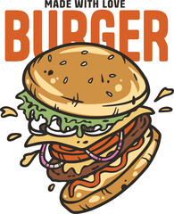 Burger with meat, cheese and vegetable for logo or emblem. American fast food or hamburger for poster. USA food with bun, lettuce, cheese, tomato, onion, cutlet for store.