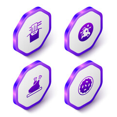 Set Isometric Asian noodles in paper box, Kung Pao chicken, Roasted turkey or and Homemade pie icon. Purple hexagon button. Vector