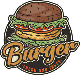 Burger with meat, cheese and vegetable for logo or emblem. American fast food or hamburger for poster. USA food with bun, lettuce, cheese, tomato, onion, cutlet for cafe and restaurant.