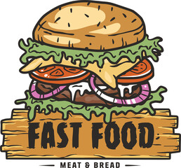 Fast food with burger with meat, cheese and vegetable for logo or emblem. USA or american food or hamburger with bun, lettuce, cheese, tomato, onion, cutlet for cafe and restaurant.