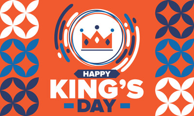 Fototapeta na wymiar King’s Day in Netherlands. Koningsdag in Dutch. Nation’s cultural heritage and the celebrate birthday of His Majesty King. Dutch royal family. Netherlands flag. Orange colour or orange madness. Vector