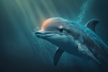 Dolphin in water, cetacean mammals swim underwater, ocean wild life. Generative AI