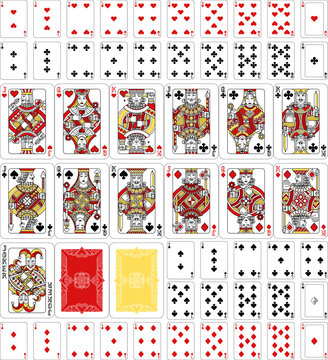 A truly full, complete deck of playing cards in red, yellow and black. All cards including joker plus and backs. An original design in a classic vintage style. Standard poker size.
