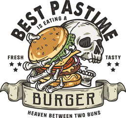 Burger in skeleton hands. American fast food or USA food with skull, bones and burger with meat, cheese and vegetable for logo or poster