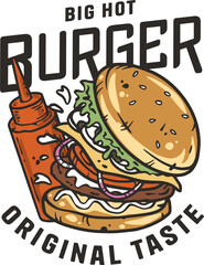 Burger with meat, cheese and vegetable and bottle sauce for logo, poster or menu. American fast food or hamburger. USA food with bun, lettuce, cheese, tomato, onion, cutlet for store.