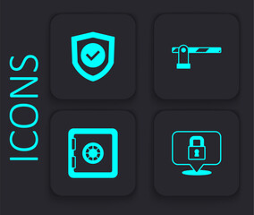 Set Lock, Shield with check mark, Parking car barrier and Safe icon. Black square button. Vector