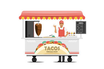 Cartoon taco cart with male salesperson on isolated background, Digital marketing illustration.