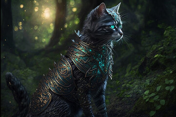 Fantasy concept art | majestic warrior cat emerges from the shadows. he is adorned in a suit of armor made of gleaming silver scales. With fur as black as midnight and eyes that glint like emeralds.Ai
