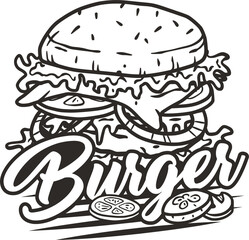 Retro burger with meat, cheese and vegetable for logo or emblem. American fast food or hamburger for poster. USA food with bun, lettuce, cheese, tomato, onion, cutlet for store.