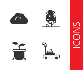 Set Lawn mower, Cloudy weather, Plant in pot and Fruit tree icon. Vector