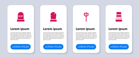 Set Bottle with potion, Trident devil, Tombstone RIP written and . Business infographic template. Vector