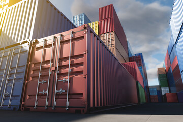Lots of long cargo containers stacked at the terminal/port for import export business. Logistics,...