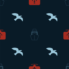 Set Anchor, Yacht sailboat and Bird seagull on seamless pattern. Vector