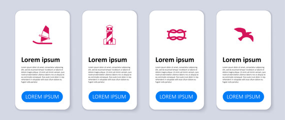 Set Bird seagull, Nautical rope knots, Lighthouse and Windsurfing. Business infographic template. Vector