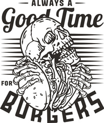 Burger in skeleton hands. American fast food or USA food with skull, bones and burger with meat, cheese and vegetable for logo or poster