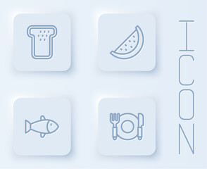 Set line Bread toast, Watermelon, Fish and Plate, fork and knife. White square button. Vector