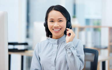 Woman, call center and happy in portrait, communication and CRM, headset with mic in office....