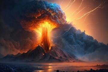 A volcano erupts with explosive force and spews ash rock as a digital illustration (generative AI)