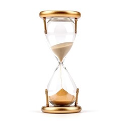 Golden sand hourglass on white background, symbol of time running out. Countdown to deadline, time management and urgency concept. Generative AI