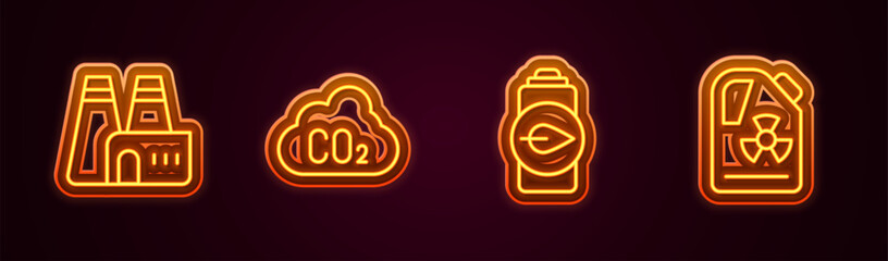 Set line Factory production, CO2 emissions in cloud, Eco nature leaf battery and Radioactive waste barrel. Glowing neon icon. Vector