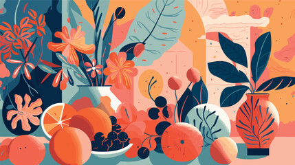 Abstract art flowers and fruits background vector. Modern shape line art wallpaper.