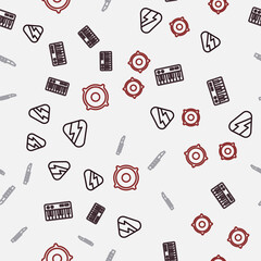 Set line Guitar pick, Music synthesizer, Flute and Stereo speaker on seamless pattern. Vector