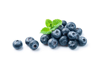 Blueberries with mint leaves  on white backgrounds