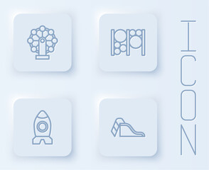 Set line Ferris wheel, Playground climbing equipment, Rocket ship toy and Slide playground. White square button. Vector