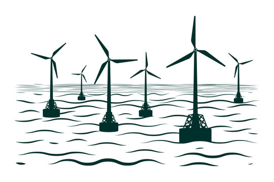 Marine wind turbines generator energy. Flat vector illustration