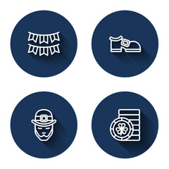 Set line Carnival garland with flags, Leprechaun boot, and Golden leprechaun coin with long shadow. Blue circle button. Vector