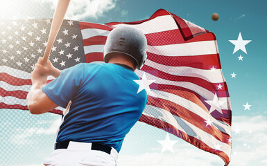 American flag, baseball and man with overlay for sports competition, global tournament and games....