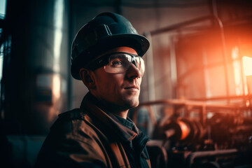 Portrait of oil production technician in protective helmet, AI GENERATIVE