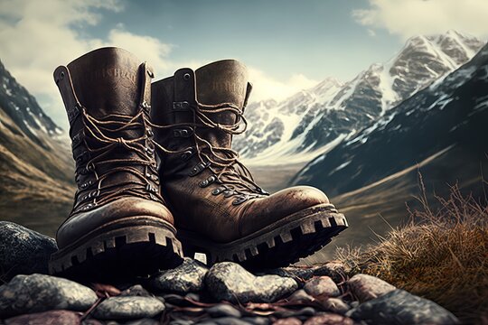 Pair of hiking boots in mountainous terrain as digital illustration (Generative AI)