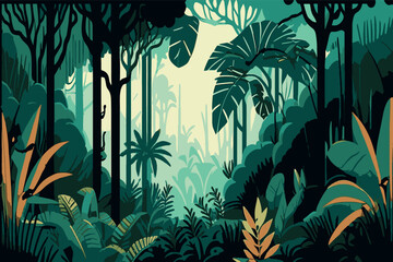 Tropical eco forest. Tropical forest horizontal panorama. Forest vector illustration.