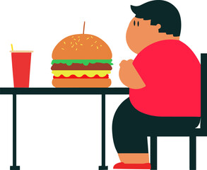 Simple and minimalist vector illustration of fat boy sitting on table with huge hamburger and soft drink, concept of fast food, unhealthy food, nutrition...