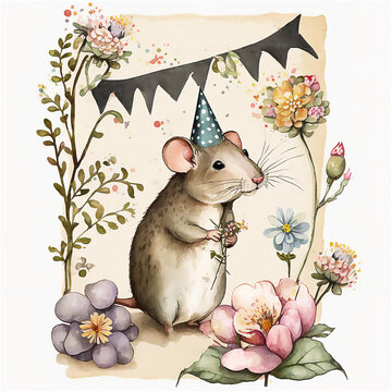 Mouse with flowers, happy holiday, illustration, generated ai.