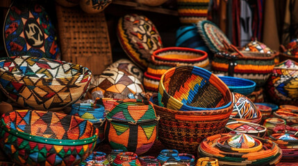 Fototapeta premium Colorful African Market with traditional crafts and music, showcasing the beauty and diversity of African culture ai generated