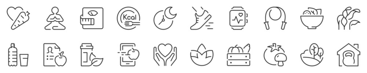 Fototapeta na wymiar Healthy lifestyle thin line icon set. Symbol collection in transparent background. Editable vector stroke. 512x512 Pixel Perfect.