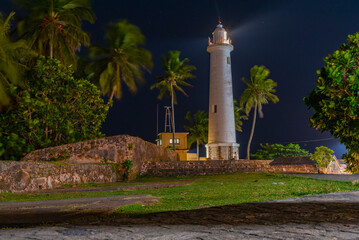 Night view of the Galle lighthouse in Sri Lanka
