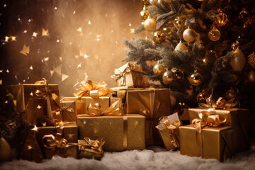 Fototapeta na wymiar Elegant golden Christmas presents under the tree. Generative AI. 
