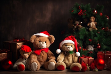 Cute teddy bears with Santa hats under Christmas tree. Generative Ai