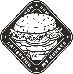 Burger with meat, cheese and vegetable for logo or emblem. American fast food or hamburger for poster. USA food with bun, lettuce, cheese, tomato, onion, cutlet for store.