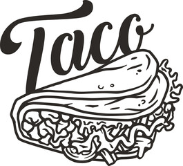 Taco vector with meat and vegetable for logo or emblem. Traditional mexican fast food. Tacos Mexico food with tortilla, leaves lettuce, cheese, tomato, forcemeat, sauce.