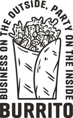 Burrito mexican food with meat and vegetable for logo or emblem. Traditional burritos latin fast food with tortilla, leaves lettuce, cheese, tomato, forcemeat, sauce.