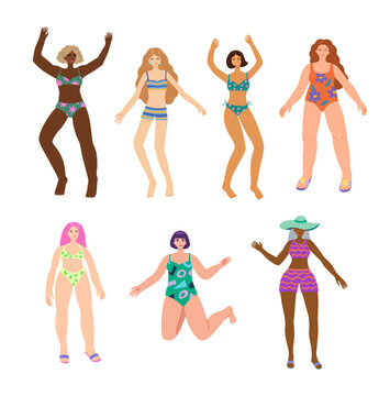 Happy women in swimsuit and beach bikini. Multiracial women with differnet body figure . Happy smiling female characters. Vector illustration.