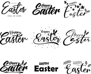 Set of Happy Easter black linear lettering. Hand drawn vector elegant modern calligraphy. Design for holiday greeting card and invitation of the happy Easter day. Greeting card, poster text template. 