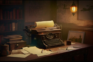 A vintage wooden desk with an antique typewriter and a stack of papers